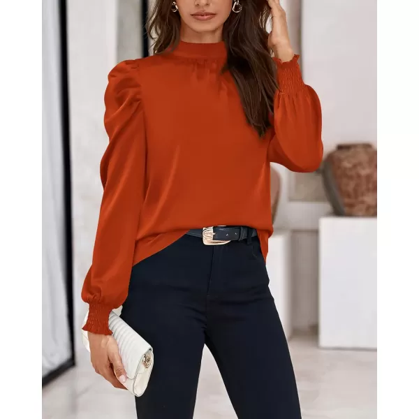 BTFBM Women Satin Puff Long Sleeve Blouses Mock Neck Shirts Business Casual Tops Work Dressy Blouse 2024 Fall ClothesSolid Brick Red