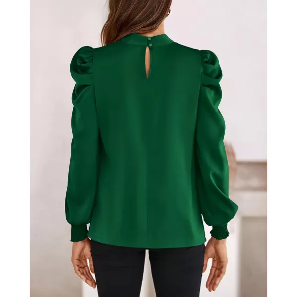 BTFBM Women Satin Puff Long Sleeve Blouses Mock Neck Shirts Business Casual Tops Work Dressy Blouse 2024 Fall ClothesSolid Dark Green