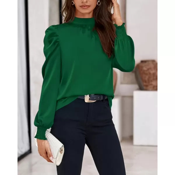 BTFBM Women Satin Puff Long Sleeve Blouses Mock Neck Shirts Business Casual Tops Work Dressy Blouse 2024 Fall ClothesSolid Dark Green