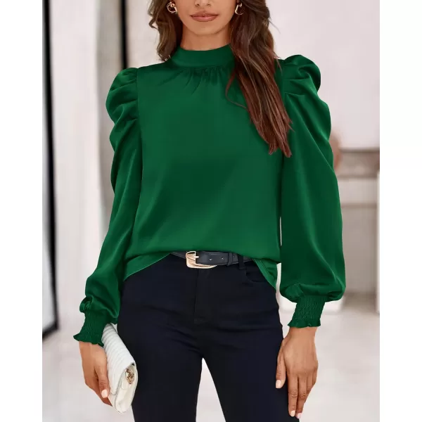 BTFBM Women Satin Puff Long Sleeve Blouses Mock Neck Shirts Business Casual Tops Work Dressy Blouse 2024 Fall ClothesSolid Dark Green