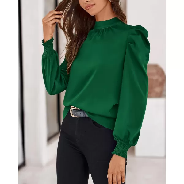 BTFBM Women Satin Puff Long Sleeve Blouses Mock Neck Shirts Business Casual Tops Work Dressy Blouse 2024 Fall ClothesSolid Dark Green