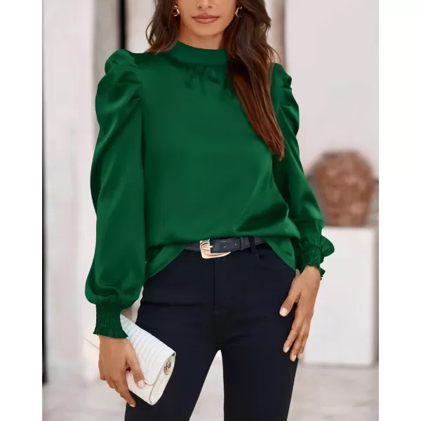 BTFBM Women Satin Puff Long Sleeve Blouses Mock Neck Shirts Business Casual Tops Work Dressy Blouse 2024 Fall ClothesSolid Dark Green