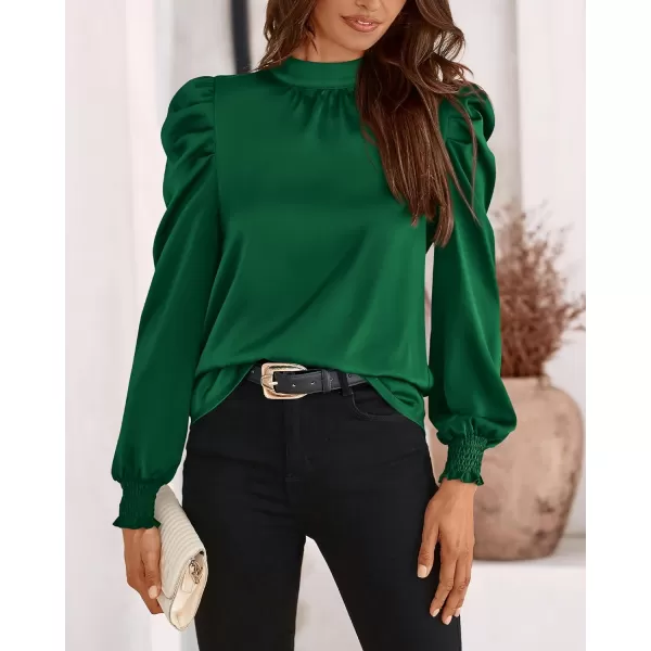 BTFBM Women Satin Puff Long Sleeve Blouses Mock Neck Shirts Business Casual Tops Work Dressy Blouse 2024 Fall ClothesSolid Dark Green