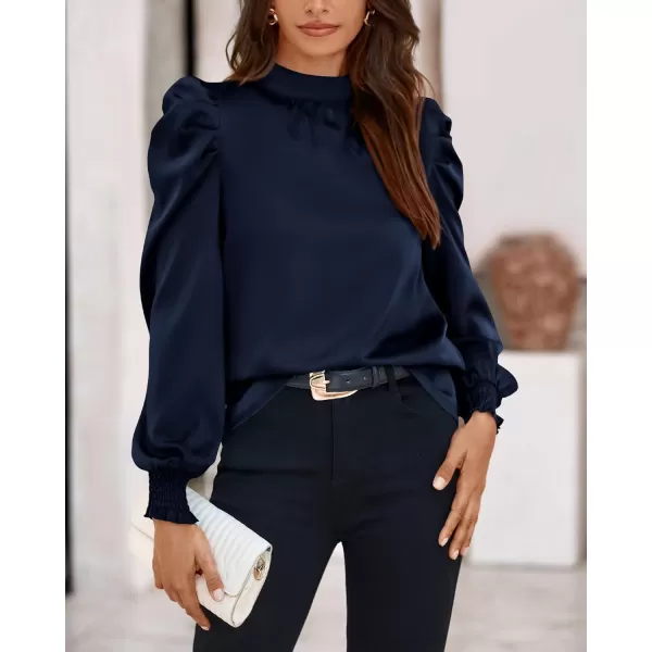BTFBM Women Satin Puff Long Sleeve Blouses Mock Neck Shirts Business Casual Tops Work Dressy Blouse 2024 Fall ClothesSolid Navy