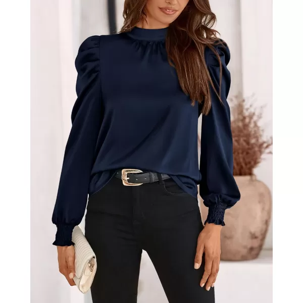 BTFBM Women Satin Puff Long Sleeve Blouses Mock Neck Shirts Business Casual Tops Work Dressy Blouse 2024 Fall ClothesSolid Navy