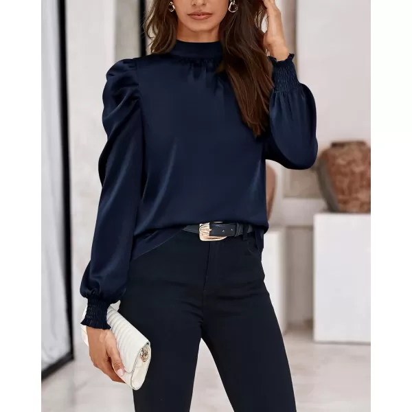 BTFBM Women Satin Puff Long Sleeve Blouses Mock Neck Shirts Business Casual Tops Work Dressy Blouse 2024 Fall ClothesSolid Navy