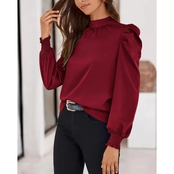 BTFBM Women Satin Puff Long Sleeve Blouses Mock Neck Shirts Business Casual Tops Work Dressy Blouse 2024 Fall ClothesSolid Wine Red