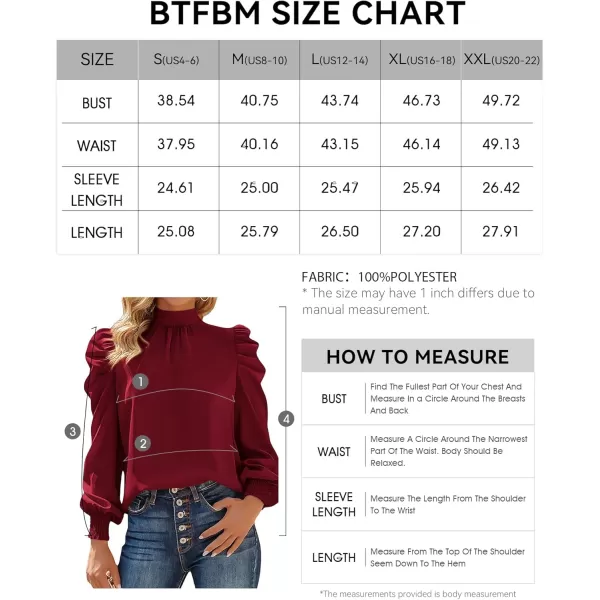 BTFBM Women Satin Puff Long Sleeve Blouses Mock Neck Shirts Business Casual Tops Work Dressy Blouse 2024 Fall ClothesSolid Wine Red