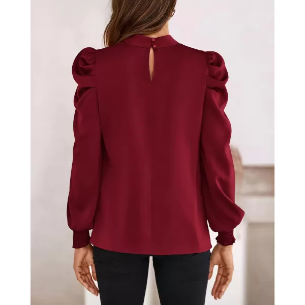 BTFBM Women Satin Puff Long Sleeve Blouses Mock Neck Shirts Business Casual Tops Work Dressy Blouse 2024 Fall ClothesSolid Wine Red