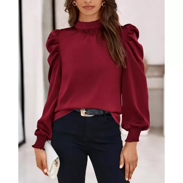 BTFBM Women Satin Puff Long Sleeve Blouses Mock Neck Shirts Business Casual Tops Work Dressy Blouse 2024 Fall ClothesSolid Wine Red