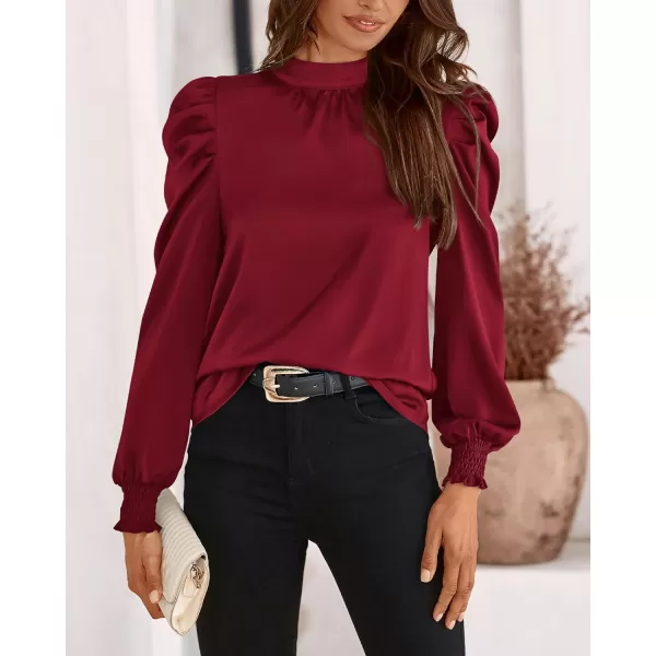 BTFBM Women Satin Puff Long Sleeve Blouses Mock Neck Shirts Business Casual Tops Work Dressy Blouse 2024 Fall ClothesSolid Wine Red