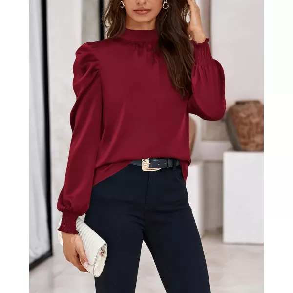 BTFBM Women Satin Puff Long Sleeve Blouses Mock Neck Shirts Business Casual Tops Work Dressy Blouse 2024 Fall ClothesSolid Wine Red