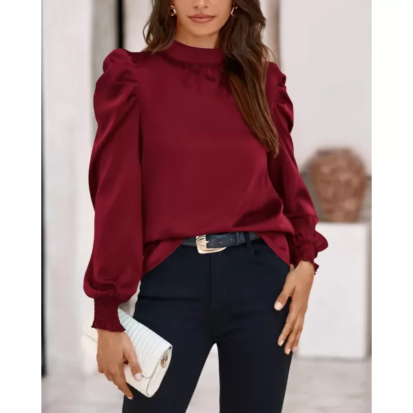 BTFBM Women Satin Puff Long Sleeve Blouses Mock Neck Shirts Business Casual Tops Work Dressy Blouse 2024 Fall ClothesSolid Wine Red
