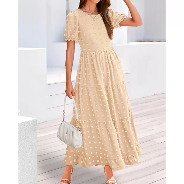 BTFBM Women Summer Boho Maxi Dress Casual Short Sleeve Swiss Dot A Line Ruffle Tiered Flowy Long Dresses with PocketSwiss Dot Beige