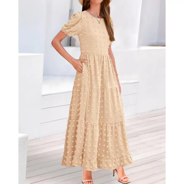 BTFBM Women Summer Boho Maxi Dress Casual Short Sleeve Swiss Dot A Line Ruffle Tiered Flowy Long Dresses with PocketSwiss Dot Beige
