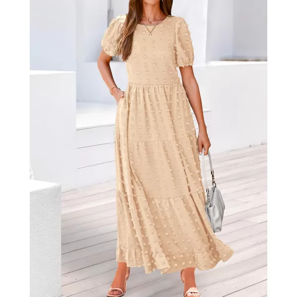 BTFBM Women Summer Boho Maxi Dress Casual Short Sleeve Swiss Dot A Line Ruffle Tiered Flowy Long Dresses with PocketSwiss Dot Beige