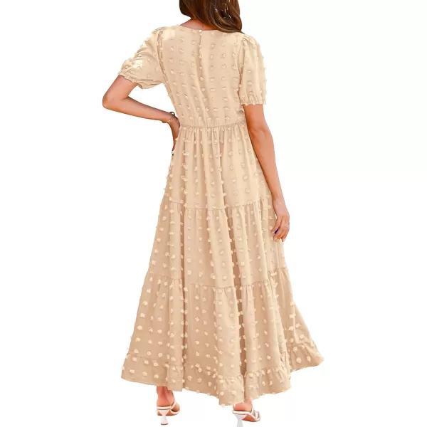 BTFBM Women Summer Boho Maxi Dress Casual Short Sleeve Swiss Dot A Line Ruffle Tiered Flowy Long Dresses with PocketSwiss Dot Beige