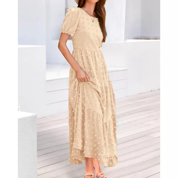 BTFBM Women Summer Boho Maxi Dress Casual Short Sleeve Swiss Dot A Line Ruffle Tiered Flowy Long Dresses with PocketSwiss Dot Beige