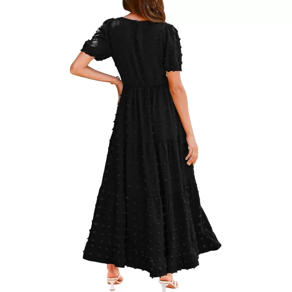 BTFBM Women Summer Boho Maxi Dress Casual Short Sleeve Swiss Dot A Line Ruffle Tiered Flowy Long Dresses with PocketSwiss Dot Black