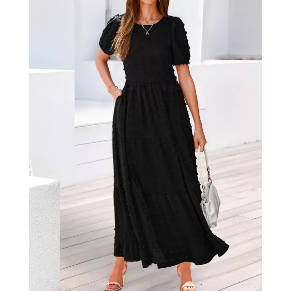 BTFBM Women Summer Boho Maxi Dress Casual Short Sleeve Swiss Dot A Line Ruffle Tiered Flowy Long Dresses with PocketSwiss Dot Black