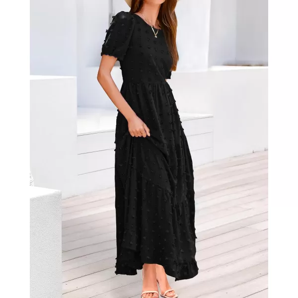 BTFBM Women Summer Boho Maxi Dress Casual Short Sleeve Swiss Dot A Line Ruffle Tiered Flowy Long Dresses with PocketSwiss Dot Black