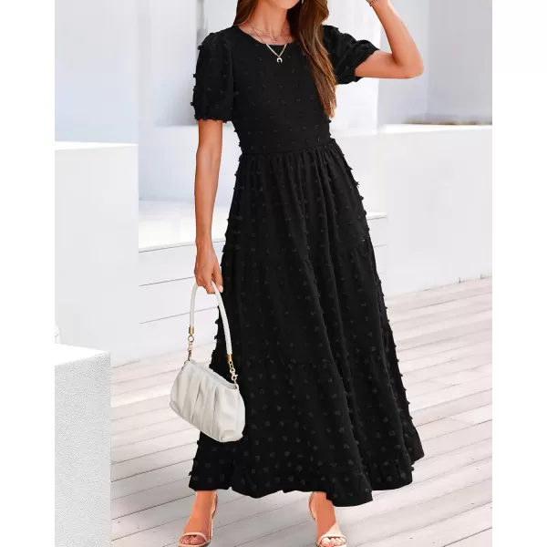 BTFBM Women Summer Boho Maxi Dress Casual Short Sleeve Swiss Dot A Line Ruffle Tiered Flowy Long Dresses with PocketSwiss Dot Black