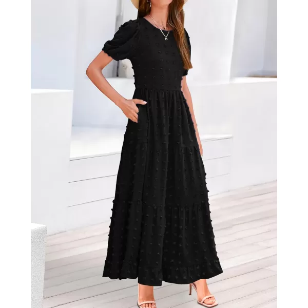 BTFBM Women Summer Boho Maxi Dress Casual Short Sleeve Swiss Dot A Line Ruffle Tiered Flowy Long Dresses with PocketSwiss Dot Black