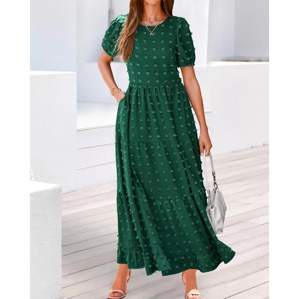 BTFBM Women Summer Boho Maxi Dress Casual Short Sleeve Swiss Dot A Line Ruffle Tiered Flowy Long Dresses with PocketSwiss Dot Dark Green