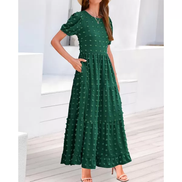 BTFBM Women Summer Boho Maxi Dress Casual Short Sleeve Swiss Dot A Line Ruffle Tiered Flowy Long Dresses with PocketSwiss Dot Dark Green