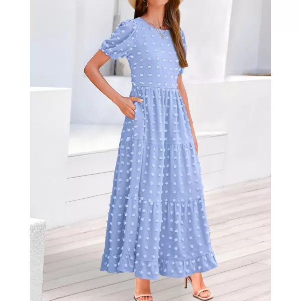 BTFBM Women Summer Boho Maxi Dress Casual Short Sleeve Swiss Dot A Line Ruffle Tiered Flowy Long Dresses with PocketSwiss Dot Light Blue