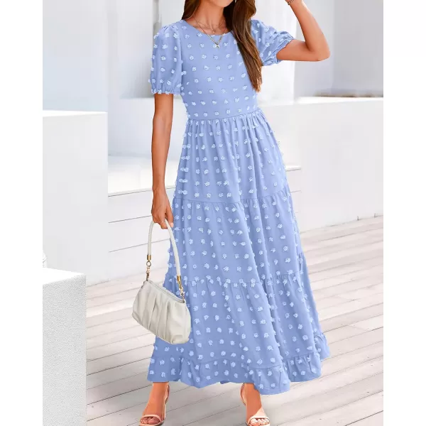BTFBM Women Summer Boho Maxi Dress Casual Short Sleeve Swiss Dot A Line Ruffle Tiered Flowy Long Dresses with PocketSwiss Dot Light Blue
