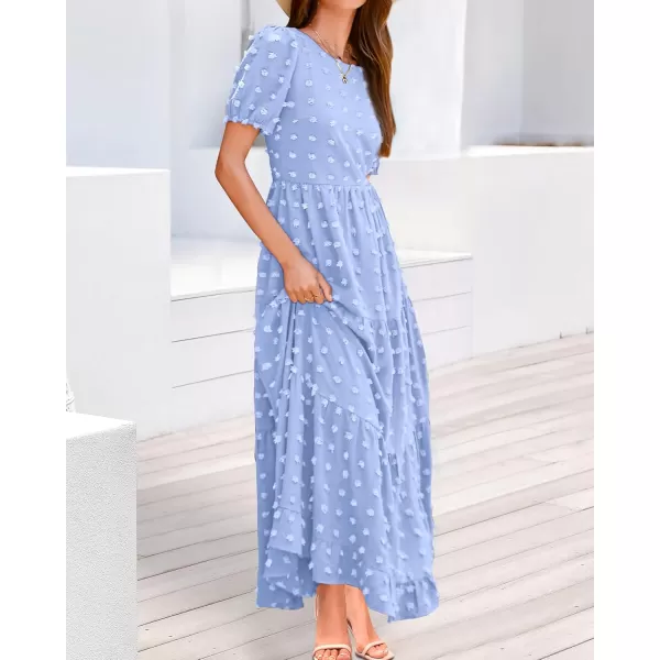 BTFBM Women Summer Boho Maxi Dress Casual Short Sleeve Swiss Dot A Line Ruffle Tiered Flowy Long Dresses with PocketSwiss Dot Light Blue