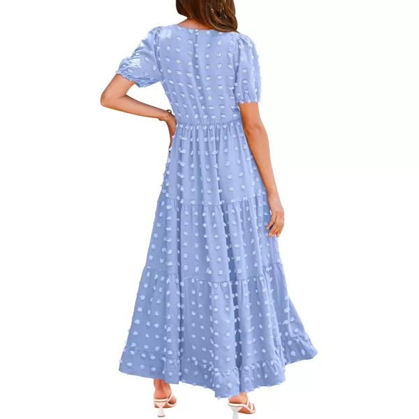 BTFBM Women Summer Boho Maxi Dress Casual Short Sleeve Swiss Dot A Line Ruffle Tiered Flowy Long Dresses with PocketSwiss Dot Light Blue