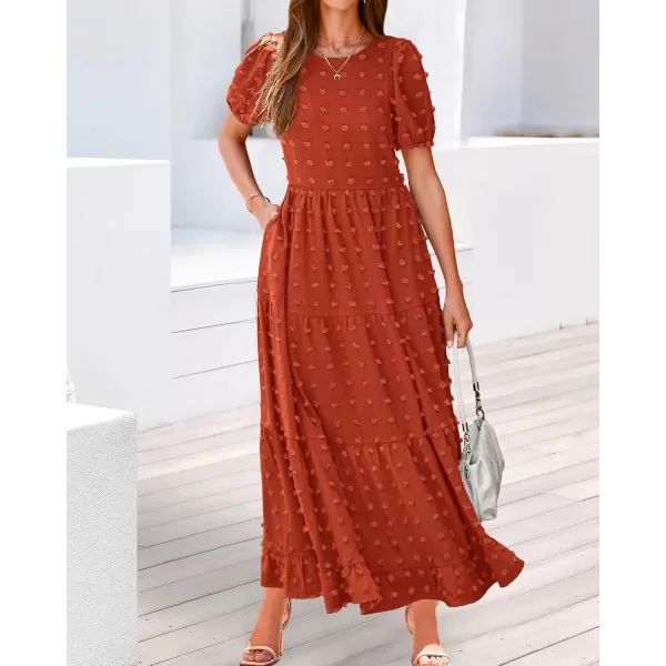 BTFBM Women Summer Boho Maxi Dress Casual Short Sleeve Swiss Dot A Line Ruffle Tiered Flowy Long Dresses with PocketSwiss Dot Orange Red