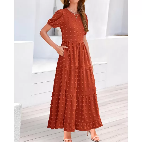 BTFBM Women Summer Boho Maxi Dress Casual Short Sleeve Swiss Dot A Line Ruffle Tiered Flowy Long Dresses with PocketSwiss Dot Orange Red