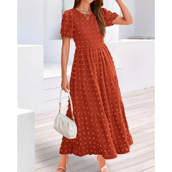 BTFBM Women Summer Boho Maxi Dress Casual Short Sleeve Swiss Dot A Line Ruffle Tiered Flowy Long Dresses with PocketSwiss Dot Orange Red