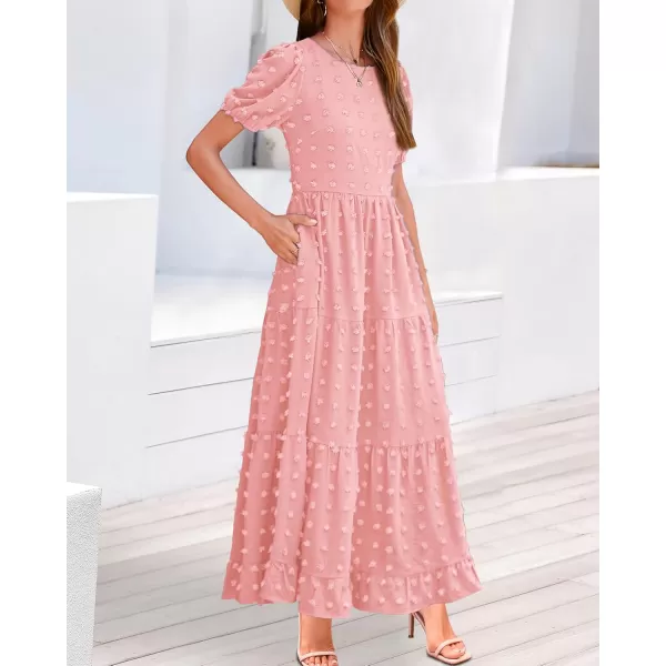 BTFBM Women Summer Boho Maxi Dress Casual Short Sleeve Swiss Dot A Line Ruffle Tiered Flowy Long Dresses with PocketSwiss Dot Pink