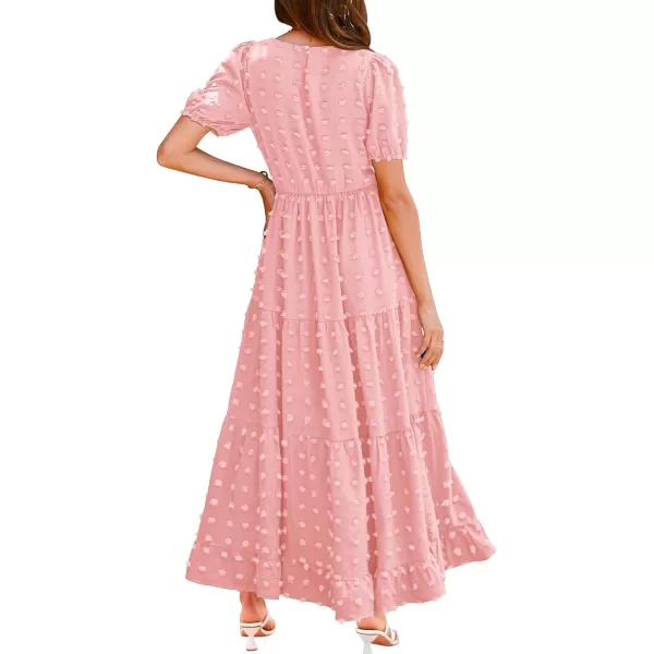 BTFBM Women Summer Boho Maxi Dress Casual Short Sleeve Swiss Dot A Line Ruffle Tiered Flowy Long Dresses with PocketSwiss Dot Pink