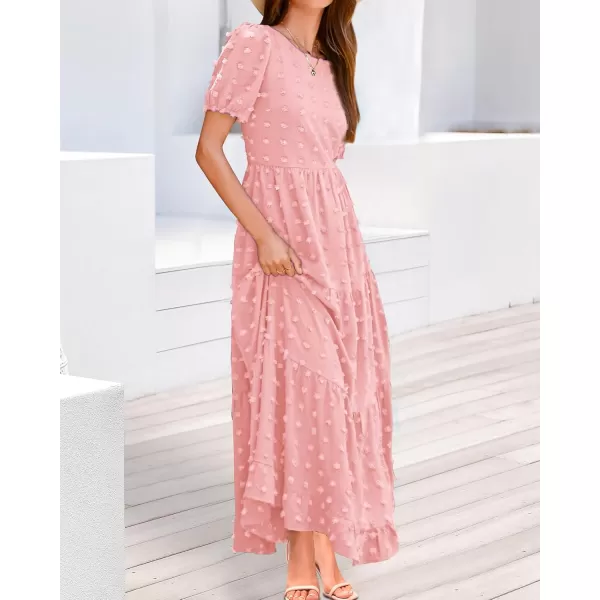BTFBM Women Summer Boho Maxi Dress Casual Short Sleeve Swiss Dot A Line Ruffle Tiered Flowy Long Dresses with PocketSwiss Dot Pink