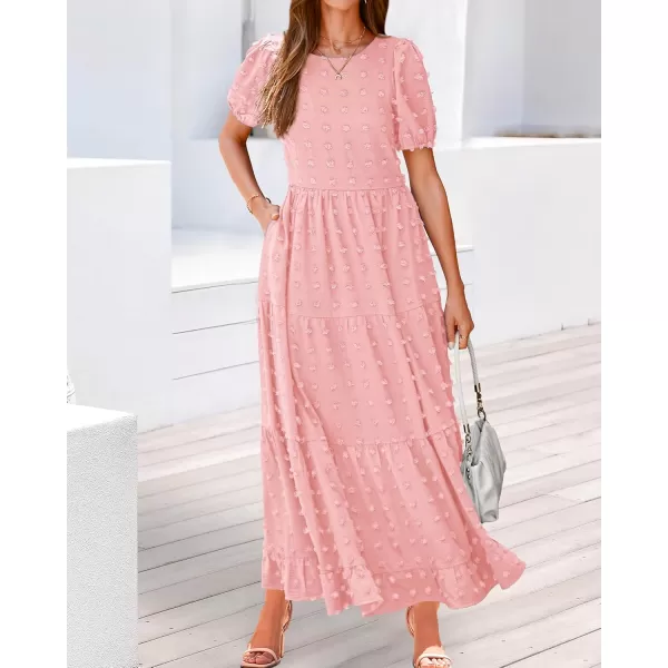BTFBM Women Summer Boho Maxi Dress Casual Short Sleeve Swiss Dot A Line Ruffle Tiered Flowy Long Dresses with PocketSwiss Dot Pink