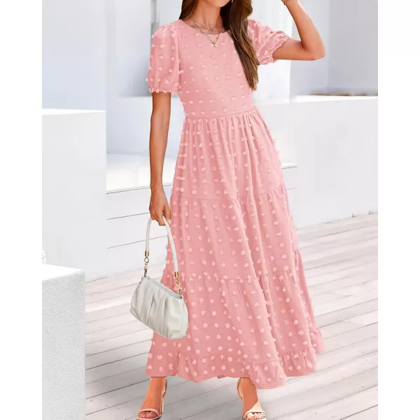 BTFBM Women Summer Boho Maxi Dress Casual Short Sleeve Swiss Dot A Line Ruffle Tiered Flowy Long Dresses with PocketSwiss Dot Pink