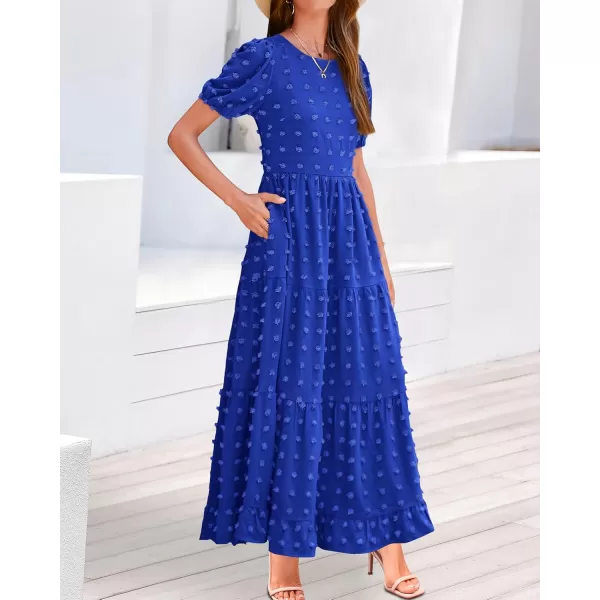 BTFBM Women Summer Boho Maxi Dress Casual Short Sleeve Swiss Dot A Line Ruffle Tiered Flowy Long Dresses with PocketSwiss Dot Royal Blue