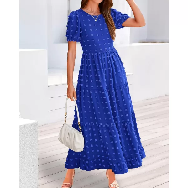 BTFBM Women Summer Boho Maxi Dress Casual Short Sleeve Swiss Dot A Line Ruffle Tiered Flowy Long Dresses with PocketSwiss Dot Royal Blue