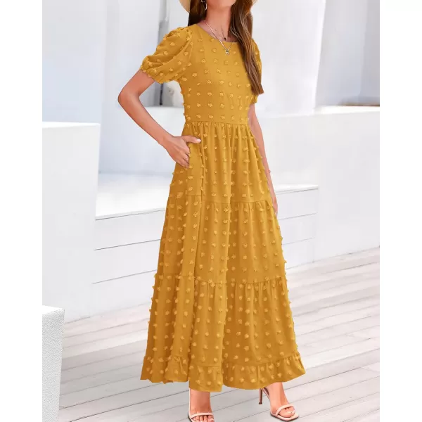 BTFBM Women Summer Boho Maxi Dress Casual Short Sleeve Swiss Dot A Line Ruffle Tiered Flowy Long Dresses with PocketSwiss Dot Yellow
