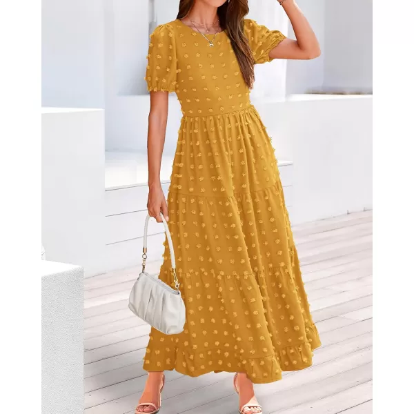 BTFBM Women Summer Boho Maxi Dress Casual Short Sleeve Swiss Dot A Line Ruffle Tiered Flowy Long Dresses with PocketSwiss Dot Yellow