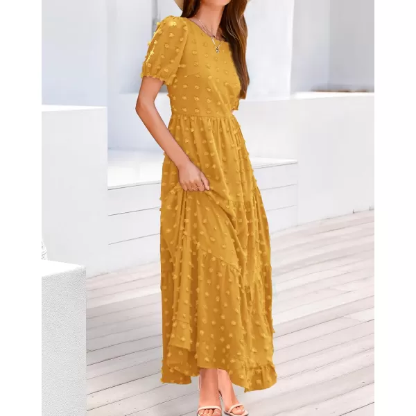 BTFBM Women Summer Boho Maxi Dress Casual Short Sleeve Swiss Dot A Line Ruffle Tiered Flowy Long Dresses with PocketSwiss Dot Yellow