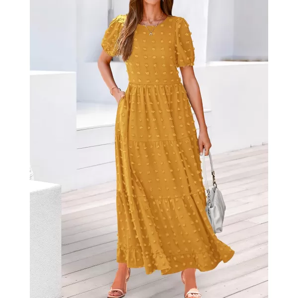 BTFBM Women Summer Boho Maxi Dress Casual Short Sleeve Swiss Dot A Line Ruffle Tiered Flowy Long Dresses with PocketSwiss Dot Yellow