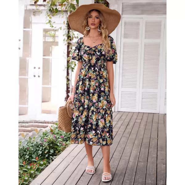 BTFBM Women Summer Dresses 2024 Casual Flowy Beach Square Neck Puff Short Sleeve Smocked Back Boho Floral Long Maxi DressFloral Black Yellow