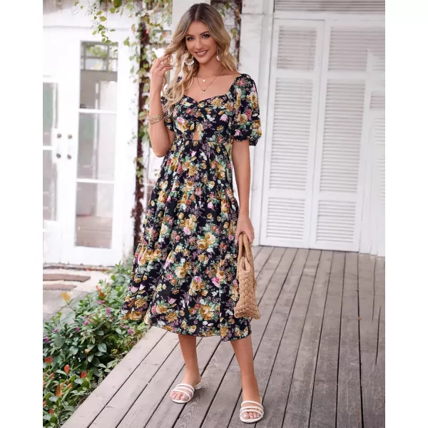 BTFBM Women Summer Dresses 2024 Casual Flowy Beach Square Neck Puff Short Sleeve Smocked Back Boho Floral Long Maxi DressFloral Black Yellow