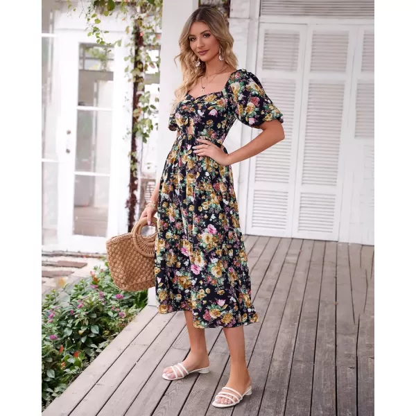BTFBM Women Summer Dresses 2024 Casual Flowy Beach Square Neck Puff Short Sleeve Smocked Back Boho Floral Long Maxi DressFloral Black Yellow